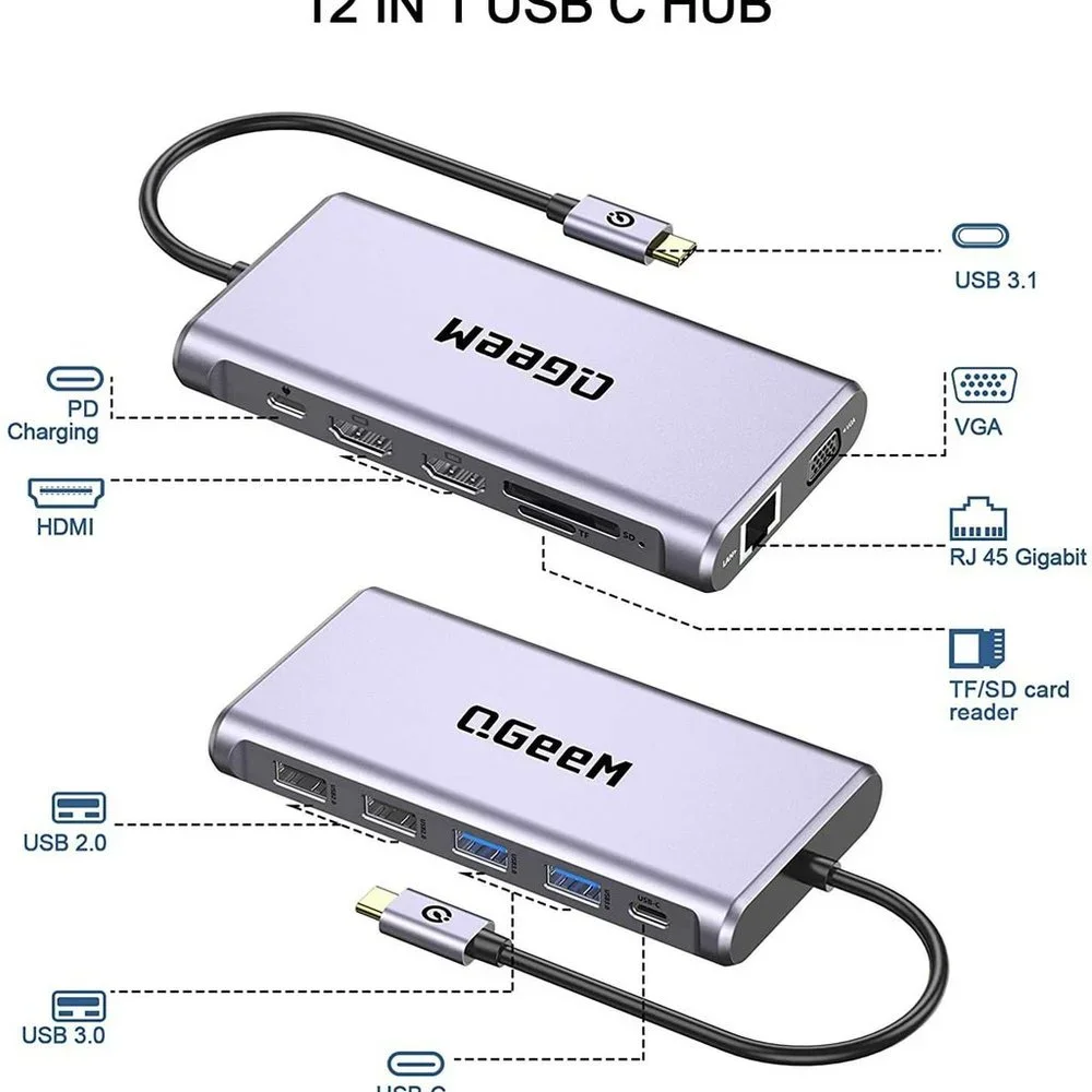 QGeeM USB C Hub,12 in 1 USB C Laptop Docking Station